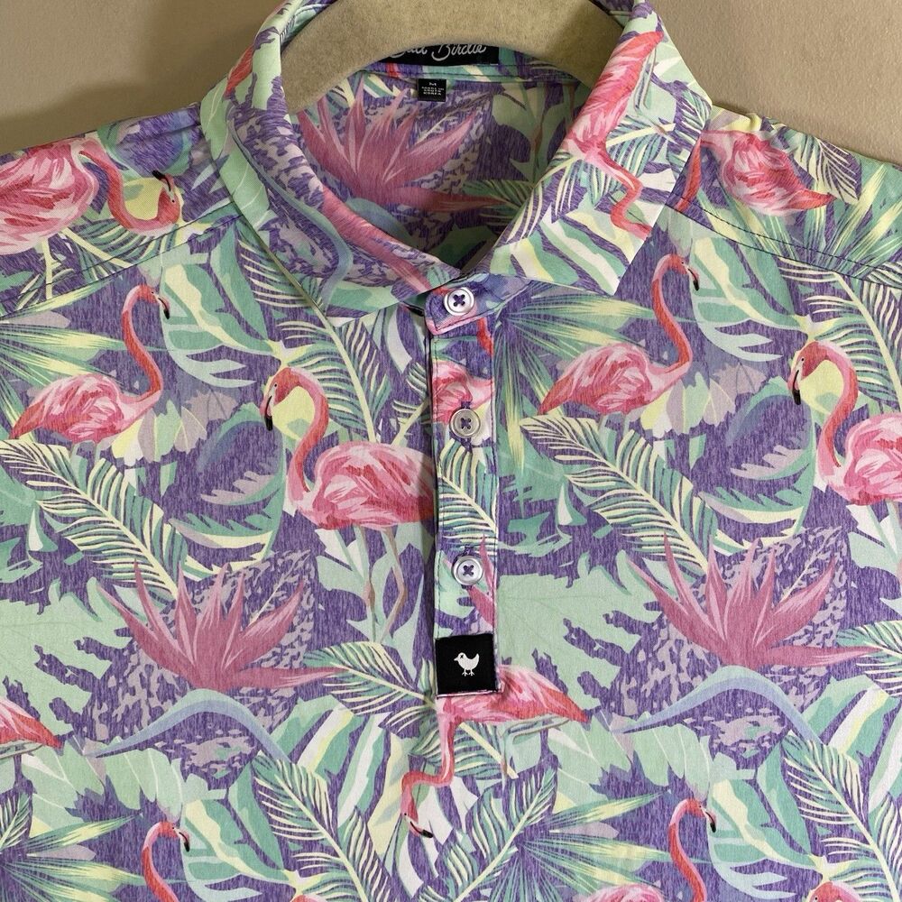 Bad Birdie Polo Shirt Men Medium Green Pink Flamingo Floral Golf Performance